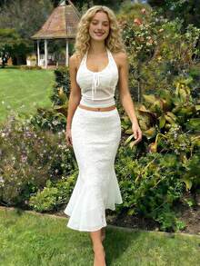 Cévolie Bộ đồ ren thanh lịch 2 mảnh dành cho nữ, gồm áo ôm và chân váy, thích hợp cho mùa hè. - trắng - Xem 3