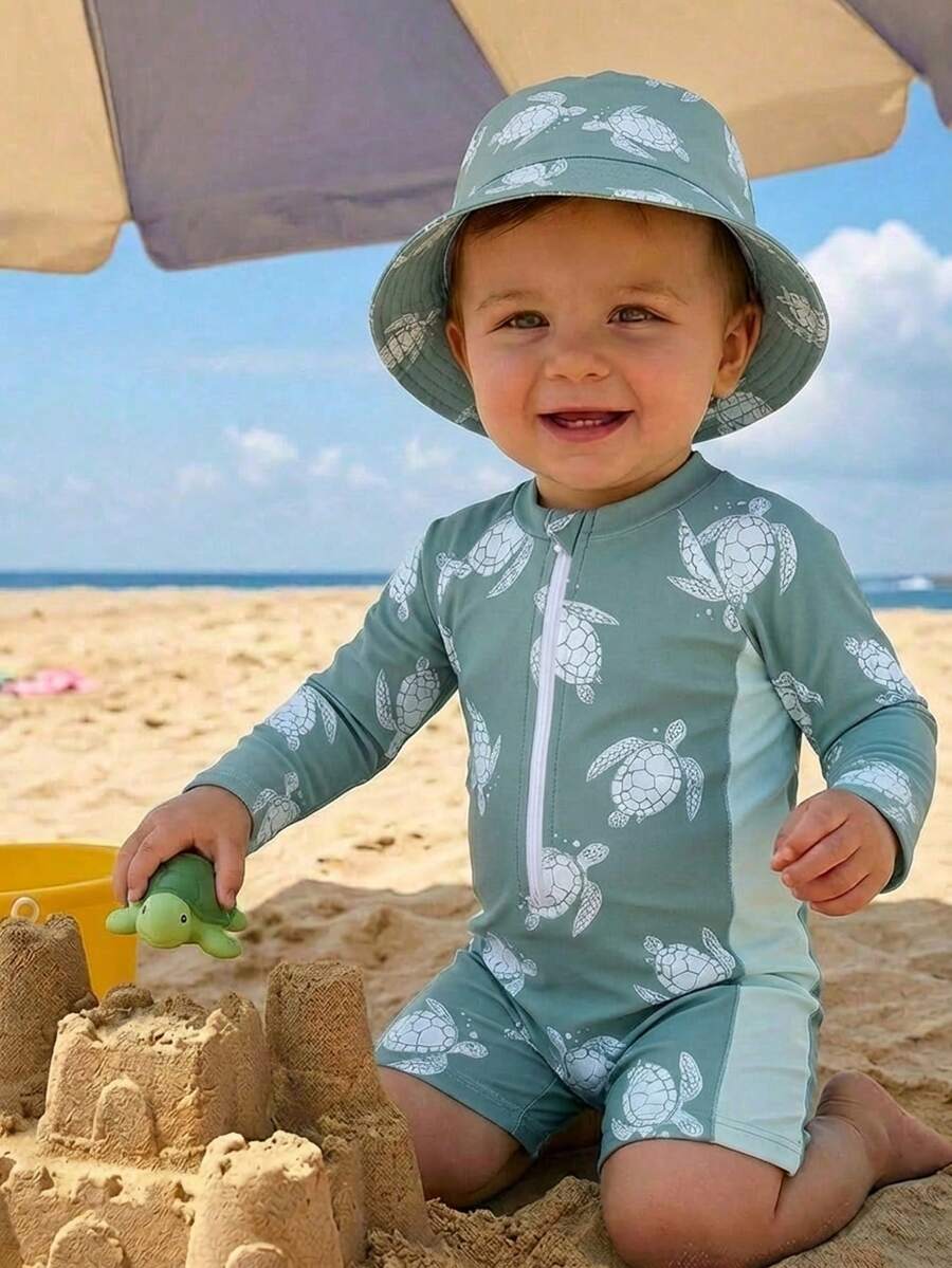 Baby Boy New Style Long Sleeve Zipper Rash Guard Printed Swimsuit - Dark Green - View 1