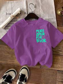 SHEIN LUNE 少女卡通印花圆领T恤，春夏Y2K风格，柔软休闲T恤，适合女孩、女士度假套装、女士夏季服装、假日服装、夏季女士上衣、夏季女士T恤、趣味T恤、More Amor Por Favor T恤、宽松T恤、女士紫色T恤、女士趣味上衣T恤 - 紫色 - 查看 2