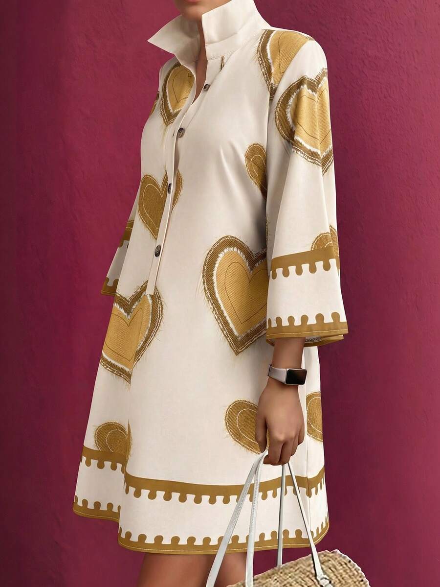Weeklong Plus Size Heart Print Button Front Dress - Multicolor - View 1