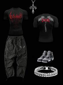 Manfinity Sport Corelite 男士哥特风印花T恤和运动裤套装 - 黑色 - 查看 1