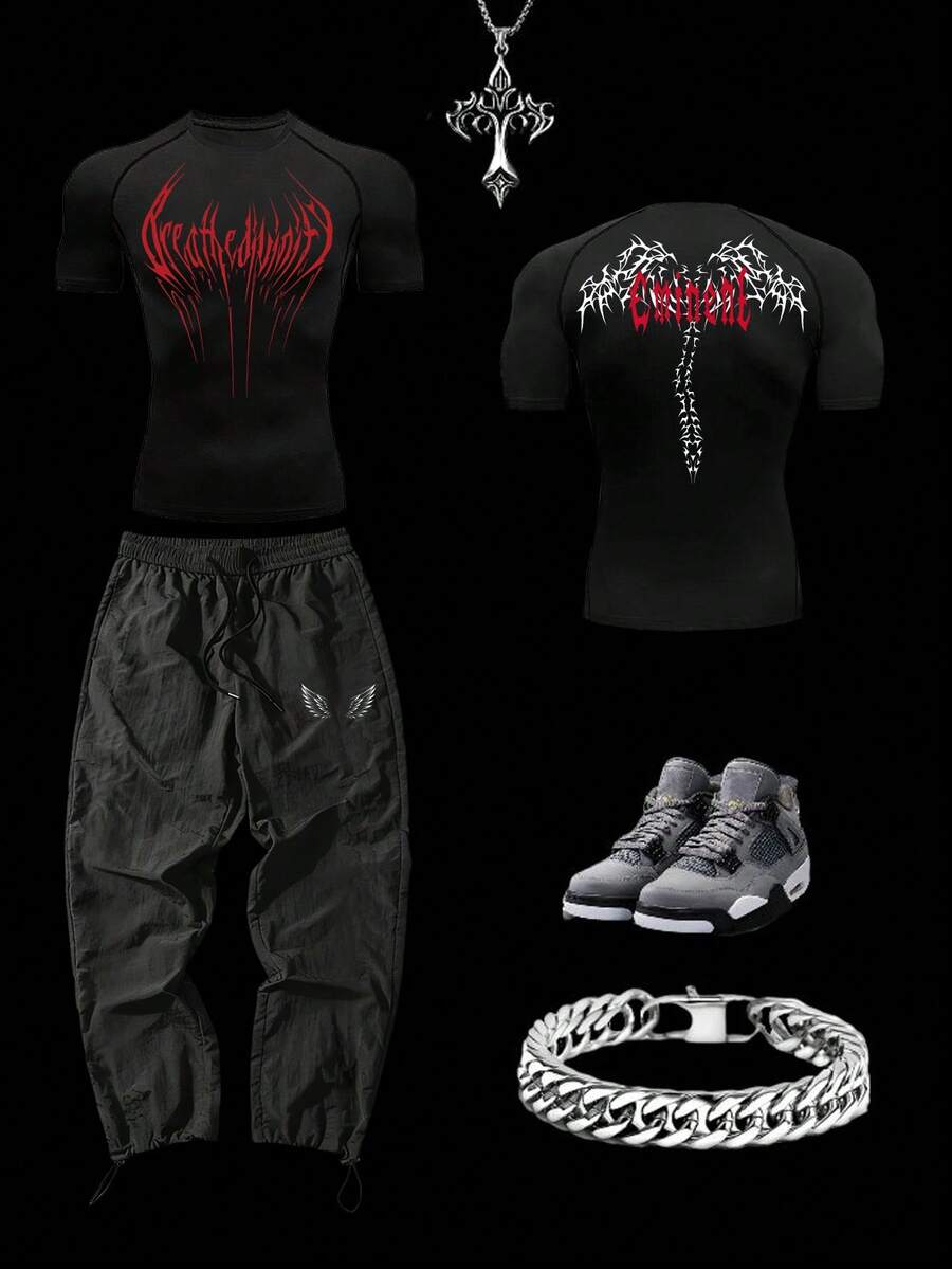 Manfinity Sport Corelite 男士哥特风印花T恤和运动裤套装 - 黑色 - 查看 1