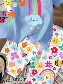 两件套女童休闲可爱印花短袖T恤和短裤套装，图案包括花朵、人脸、彩虹、昆虫和蝴蝶，适合夏季女童穿搭，春夏皆宜，休闲度假，波点元素，Y2K风格，舒适百搭，春夏风格，轻松舒适 - 彩色 - 查看 5