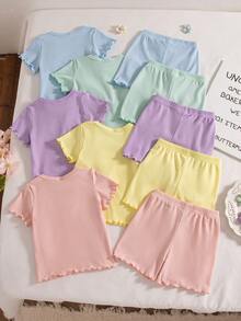 SHEIN Playful Pals 5件/10套 女婴春夏休闲风花朵装饰短袖短裤套装 - 彩色 - 查看 2