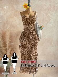 SHEIN Tall CURVE 大码时尚豹纹荷叶边吊带连衣裙 - 棕色 - 查看 1