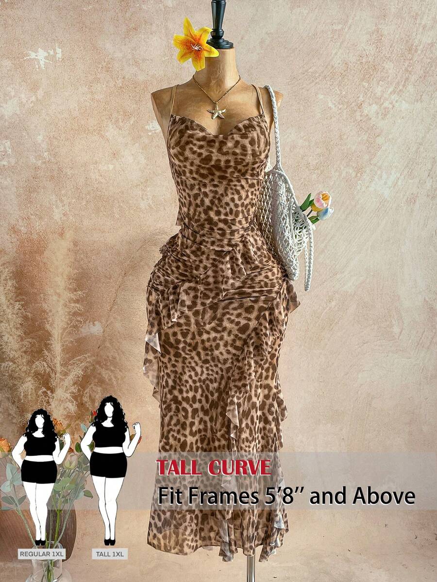 SHEIN Tall CURVE 大码时尚豹纹荷叶边吊带连衣裙 - 棕色 - 查看 1
