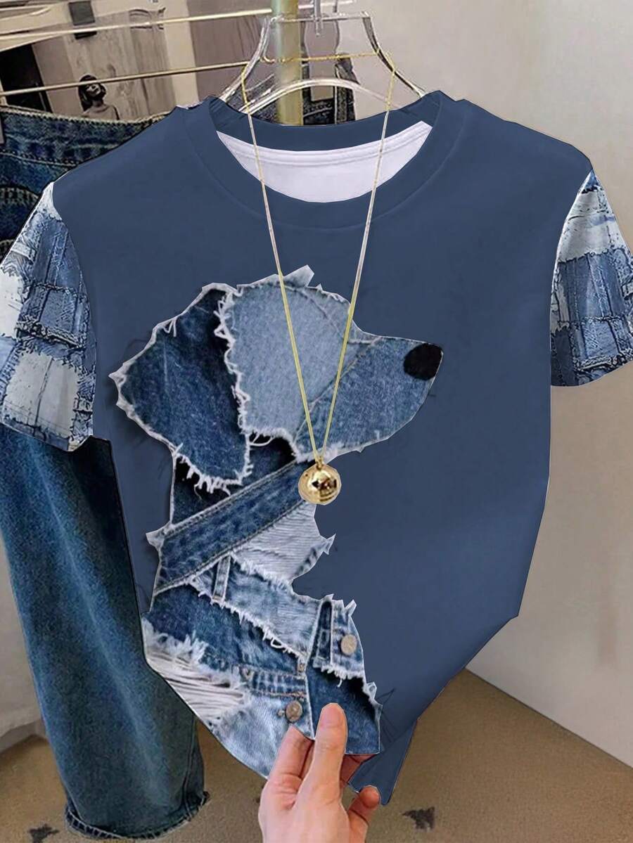 Resyla Women's Casual Denim Effect Print T-Shirt, Summer - Blue - View 1