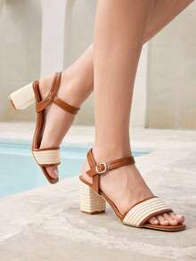 Styleloop Giày sandal đế vuông đế giữa, thoải mái, dễ chịu cho nữ, chất liệu vải dệt và da PU, thiết kế quai hai tông màu, phù hợp để mặc hàng ngày, dự tiệc, phong cách Boho, phương Tây, lễ hội âm nhạc - màu nâu - Xem 2