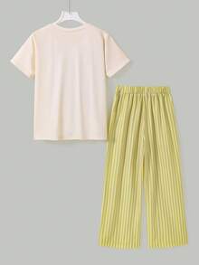 Girls' Casual Cute Plaid Cherry Print T-Shirt And Pants Set - Yellow - View 2