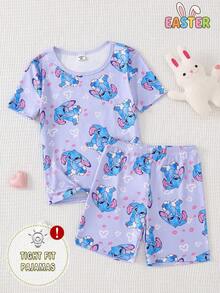 Bộ đồ ngủ 2 món cho bé gái tuổi teen, in hình trái tim thỏ dễ thương, cổ tròn, tay ngắn ôm sát và quần short, màu tím, thích hợp cho mùa xuân/hè. - Màu xanh lam - Xem 1