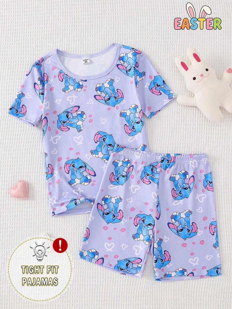 Bộ đồ ngủ 2 món cho bé gái tuổi teen, in hình trái tim thỏ dễ thương, cổ tròn, tay ngắn ôm sát và quần short, màu tím, thích hợp cho mùa xuân/hè. - Màu xanh lam - Xem 1
