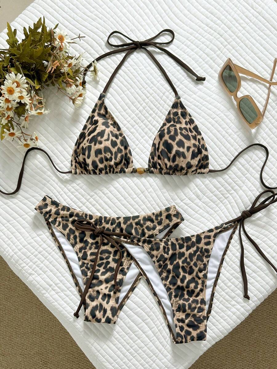 Swim Vcay Bộ bikini 3 mảnh dành cho nữ, họa tiết da báo, kiểu buộc dây cổ, kết hợp với quần tam giác thắt nút bên hông và quần cạp cao, thích hợp cho bãi biển và kỳ nghỉ, mùa xuân/hè. - Nhiều màu - Xem 1