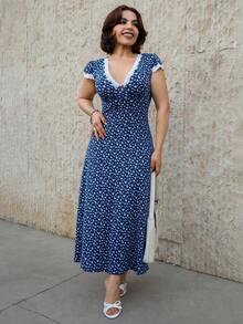 Lupita Cardoza 蓝色碎花拼布蕾丝 V 领高腰喇叭形长裙，优雅可爱日常休闲度假海滩派对鸡尾酒下午茶百搭女士夏季 - 藍色 - 查看 5