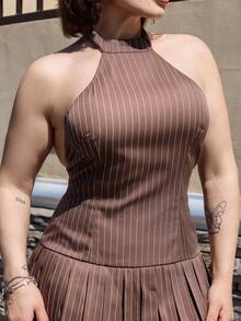 Lupita Cardoza Vintage Campus Striped Halter Bodycon Pleated Open Back Mini Dress Party - Khaki - View 6