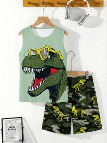 Tween Boy Sage Green Dinosaur Pattern 2-Piece Tank Top And Shorts Set,Summer Casual Beach Holiday Vacation Style Camouflage Soft Comfortable Outfit - Multicolor - View 2