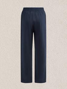 Mercer Haus Pantalones deportivos casuales sueltos y transpirables de lino fino para hombres, adecuados para la playa, primavera/verano - Azul Marino - Ver 3