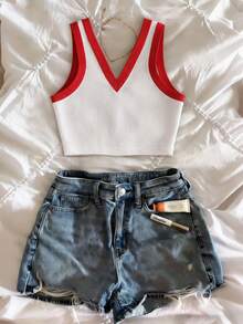 Glimmora 女士撞色滚边深V领无袖修身背心，夏季时尚 - 彩色 - 查看 2