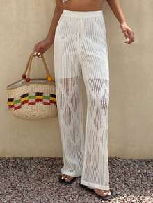 Livesso Pantalones anchos de uso diario de verano para mujer, de unicolor y con diseño hueco, versátiles y casuales - Blanco - Ver 4