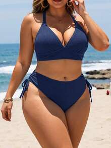 SHEIN Swim Vcay 大码纯色纹理面料可调节肩带比基尼套装 大码泳衣 比基尼上衣 女士比基尼套装 大码比基尼套装 女士大码泳装 - 藏蓝色 - 查看 1