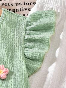 Tween Girl Green And White 2 Piece Set,Summer Cute 3D Flower Ruffle Sleeve Top And Wide Leg Pants,Tropical Vacation Holiday Daily Outfit For Kids - Green - View 7