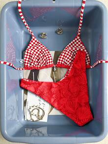 Swim Mod Conjunto de bikini lindo a cuadros con conchas y estrellas de mar para vacaciones de playa primavera/verano 2026 - Rojo - Ver 2