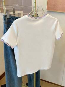 Resyla Women's Casual Contrast Trim Embroidered T-Shirt, Summer - White - View 2