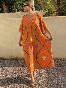 DAZY Floral Print V-Neck Loose Women Nightgown - Brown - View 2