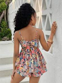 SHEIN Tween Girl Ditsy Floral Tie-Back Double Ruffle Hem Cami Dress, Suitable For Beach Vacation And Outing, Spring/Summer - Pink - View 1