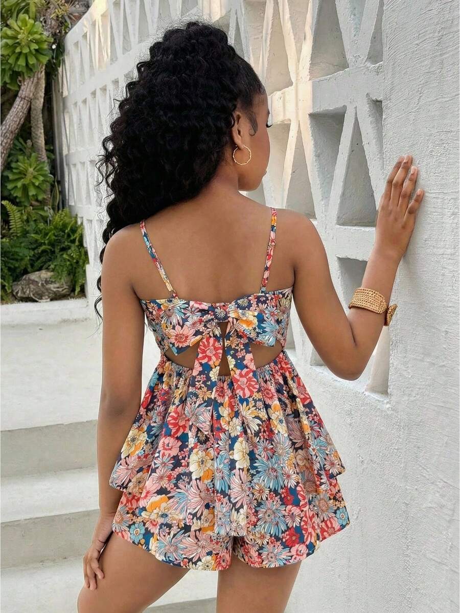 SHEIN Tween Girl Ditsy Floral Tie-Back Double Ruffle Hem Cami Dress, Suitable For Beach Vacation And Outing, Spring/Summer - Pink - View 1