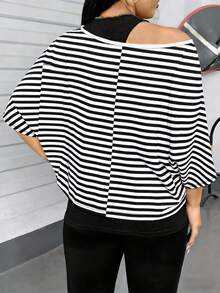 SHEIN Essnce 大码女装春夏时尚休闲度假日常通勤黑白条纹蝙蝠袖宽松T恤和背心两件套 - 彩色 - 查看 4