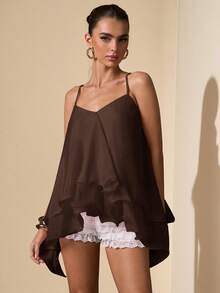 SHEIN BAE Solid Pink Ruffle Trim Sleeveless Elegant Sweet Cute Women's Camisole Top, Suitable For Romantic Dates, Parties, Formal Gatherings, Bridesmaid Dresses, Women's Summer Ruffle Trim Tops, Tea Party Dresses, New Year, Valentine's Day, Birthday Mini Dresses, Pink Tops,Summer Top - Coffee Brown - View 6