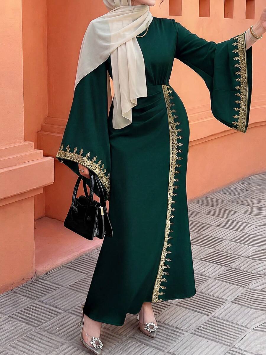 Elenzga 女式优雅喇叭袖花卉蕾丝边修身连衣裙，秋季 - 墨綠色 - 查看 1