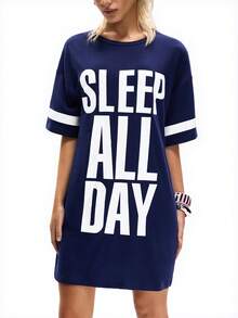 口号图案落肩睡衣睡裙 - 藏蓝色 - 查看 6