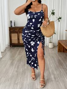 Breezaya Plus Size High Slit Drawstring Dress, Versatile Sophisticated Fashion Date Night Party Holiday - Navy Blue - View 8