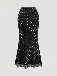Sweetra 优雅复古波点设计法式鱼尾长裙，蕾丝裙边性感经典百搭OL裙 - 黑與白 - 查看 1