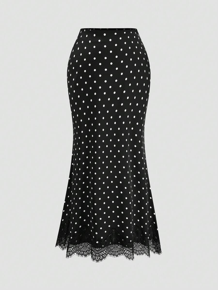 Sweetra 优雅复古波点设计法式鱼尾长裙，蕾丝裙边性感经典百搭OL裙 - 黑與白 - 查看 1