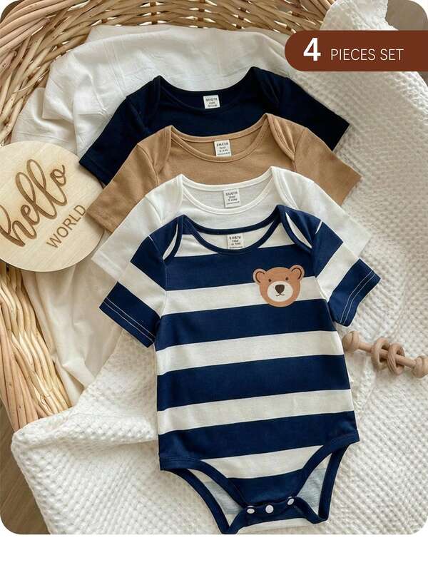 Pelele de bebé recién nacido niño lindo de verano con estampado de rayas y dibujos animados, multicolor