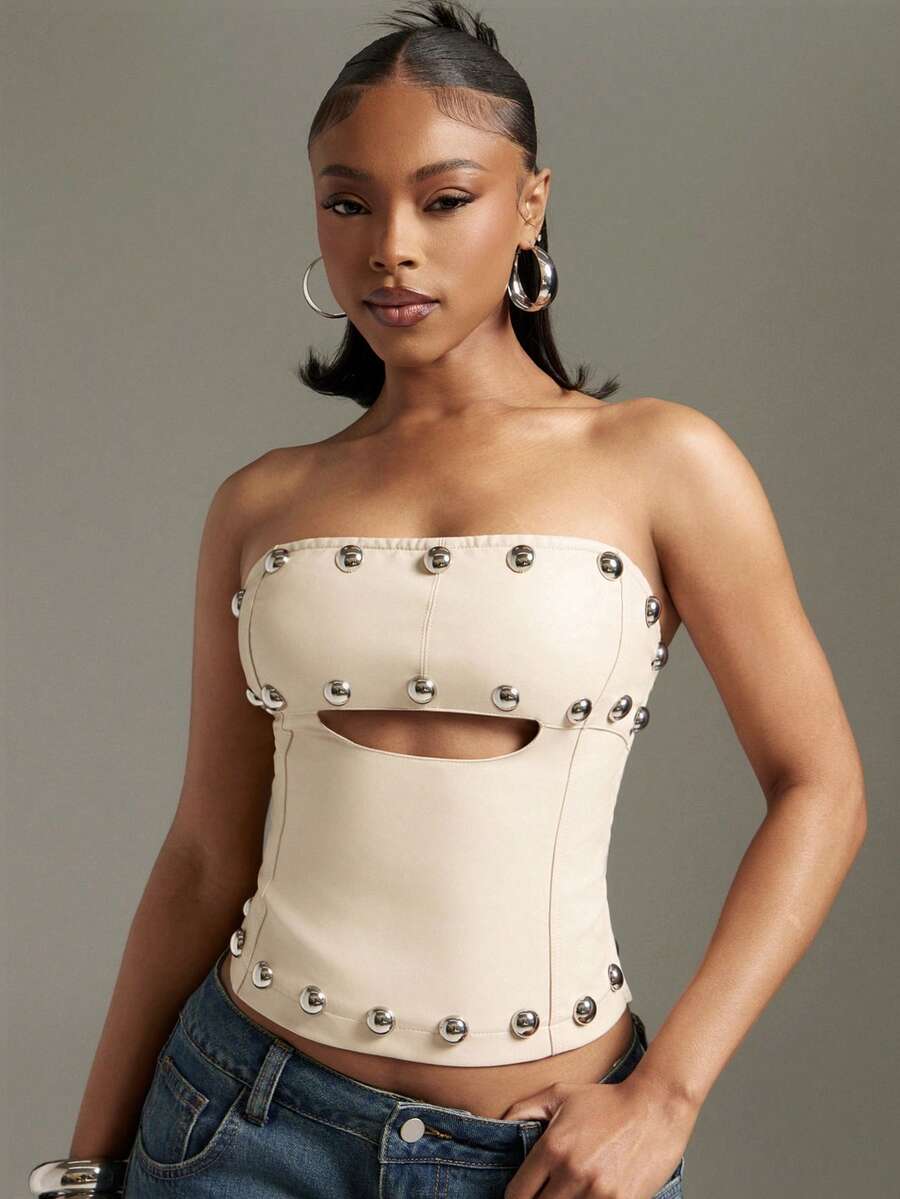 Denimoi Studded Faux Leather Corset Top Sexy Tops Strapless Corset GNO Concert Outfits Clubwear - Apricot - View 1