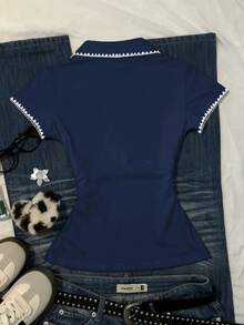 Glimmora 女士休闲撞色滚边褶皱腰部T恤，夏季 - 藏蓝色 - 查看 2