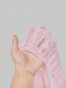 ROMWE Kawaii Áo len nữ cổ tròn không đối xứng nơ rỗng cỡ lớn dễ thương và mềm mại - Hồng - Xem 7