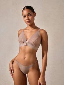 Veilyse Casual Fishnet & Lace Patchwork Hollow Out Sexy Deep V Front Closure Wireless Bra - Mocha Brown - View 5
