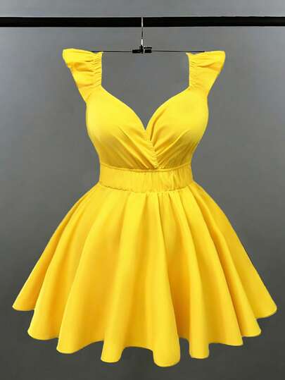 Maweii 大码女士优雅纯色梭织无弹力面料连衣裙，露背抽绳设计，荷叶边肩带，大码半身裙，腰部松紧带，时尚百搭，适合派对、音乐节、度假、约会、情人节等场合。