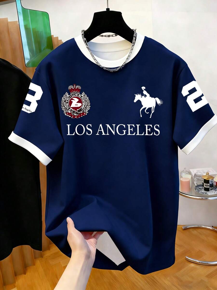 Manfinity Dauomo 男士圆领印花T恤 - 圆领休闲上衣 - 轻薄T恤，适合所有季节 - 彩色 - 查看 1