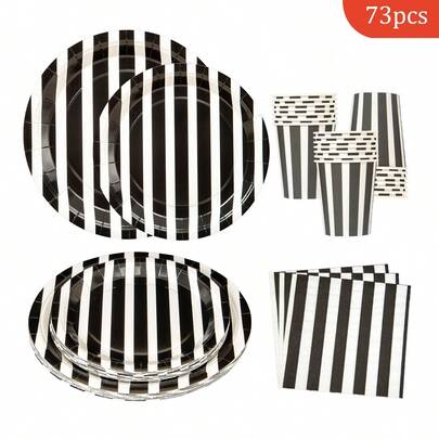 Black And White Striped Disposable Plates, Napkins, Paper Cups, Disposable Party Supplies Set, Suitable For 16 Guests, Suitable For Birthdays, Weddings, Themed Parties, Family Picnics, Disposable Plates, Party Utensils
