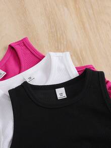 SHEIN Tween Girl Solid Color Knit Mock Neck Fitted Casual Cropped Tank Top 3 Pieces Set - Multicolor - View 5