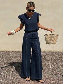 Livesso Women's V-Neck Cap Sleeve Top And Casual Pants Two Pieces Set, Suitable For Summer Vacation, Commuting And Office Wear - Navy Blue - View 1