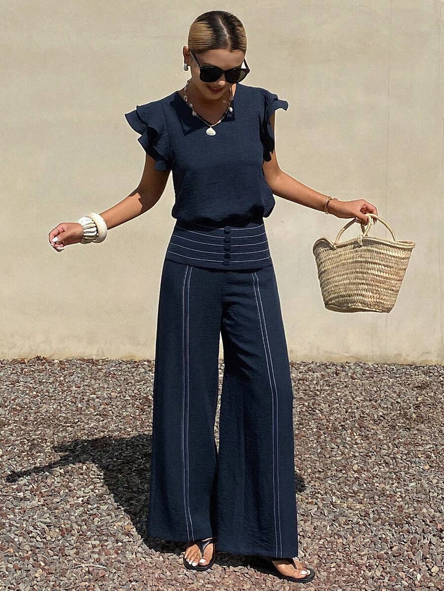 Livesso Women's V-Neck Cap Sleeve Top And Casual Pants Two Pieces Set, Suitable For Summer Vacation, Commuting And Office Wear - Navy Blue - View 1