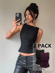 Aloruh 2件組女款露背蝴蝶結圓領無袖黑色夏季性感夜店上衣，Y2K風格，通勤休閒夏季上衣 - 彩色 - 查看 2