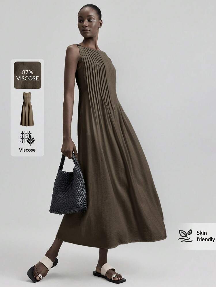 2026 Spring/Summer New Black Striped Pleated Dress, Black Ribbon Shoulder Strap, Women's Long Dress For Urban Business Casual, Beach, Music Festival, Party, Elegant Occasion