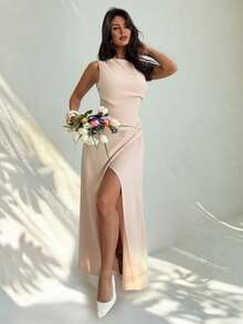 Firerie 女士优雅简约休闲日常通勤度假时尚新款V领垂褶袖收腰杏色长连衣裙，度假连衣裙 - 杏色 - 查看 3